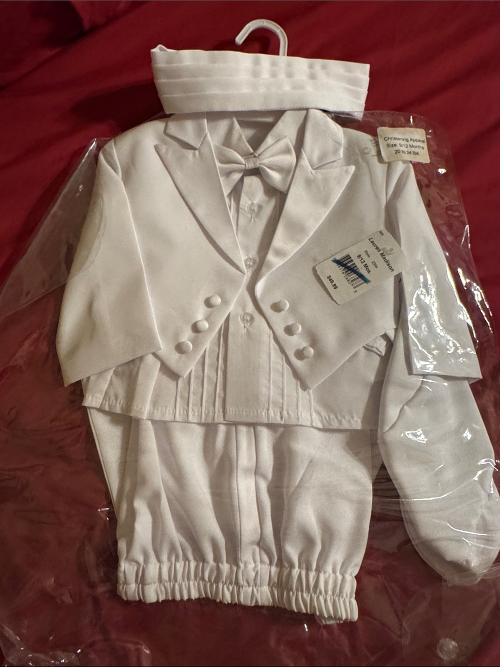 White Baby Tuxedo Christening with Bow Tie - 9/12 months